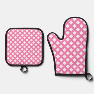 Pink White Chequered Diamond Pattern Oven Mitt & Pot Holder Set
