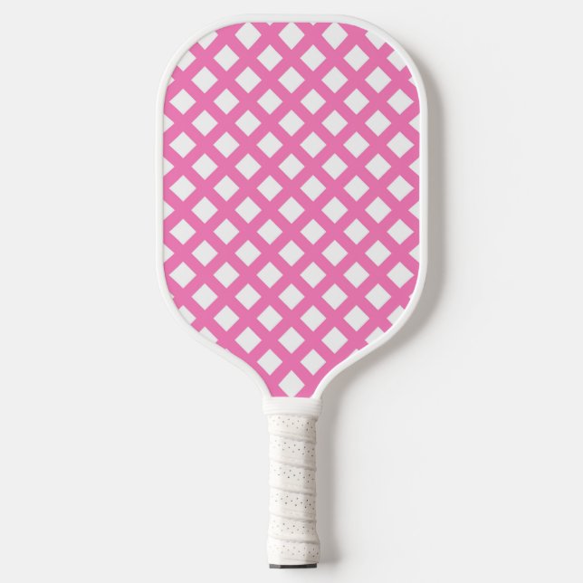Pink White Chequered Diamond Pattern Pickleball Paddle (Front)