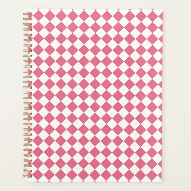 Pink White Chequered Diamond Pattern Planner (Front)