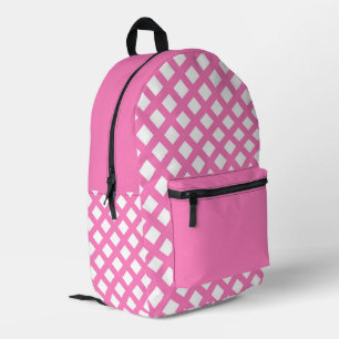 Pink White Chequered Diamond Pattern Printed Backpack