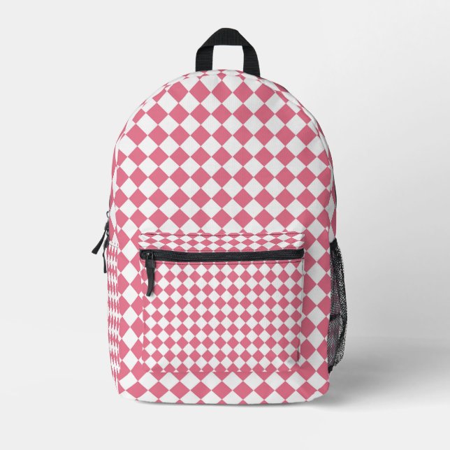 Pink White Chequered Diamond Pattern Printed Backpack (Front)