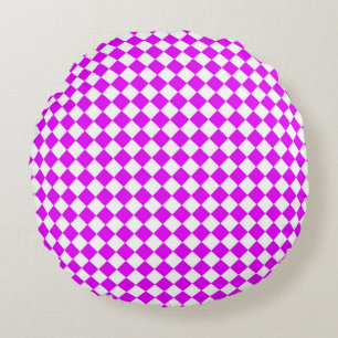 Pink White Chequered Diamond Pattern Round Cushion