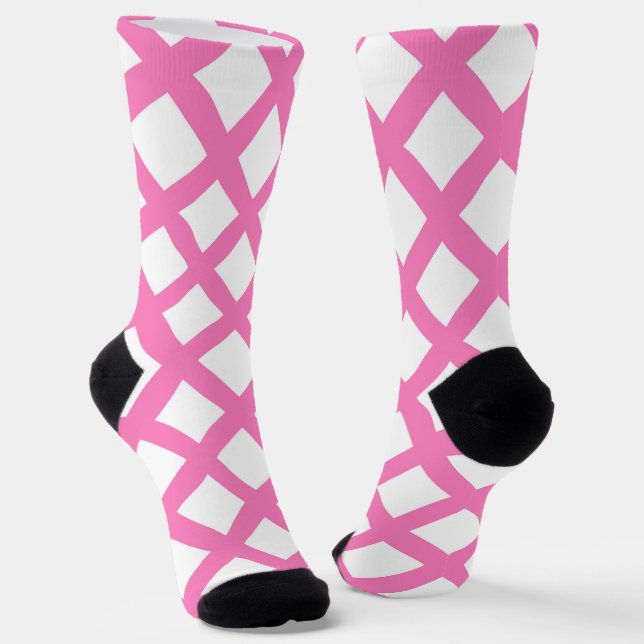 Pink White Chequered Diamond Pattern Socks (Angled)