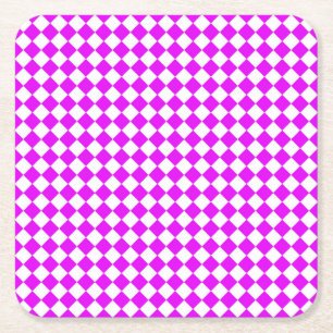 Pink White Chequered Diamond Pattern Square Paper Coaster