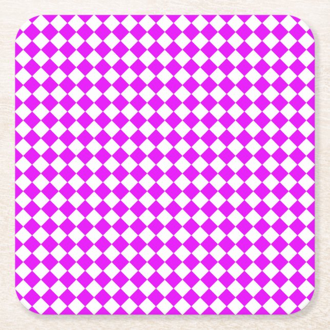 Pink White Chequered Diamond Pattern Square Paper Coaster (Front)