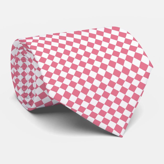 Pink White Chequered Diamond Pattern Tie (Rolled)