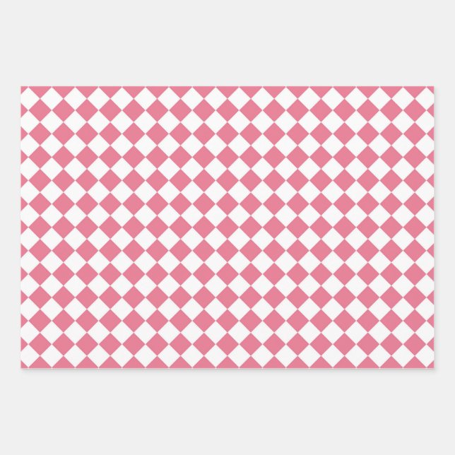 Pink White Chequered Diamond Pattern Wrapping Paper Sheet (Front)