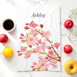 Pink White Cherry Blossom Flowers Chic Tea Towel