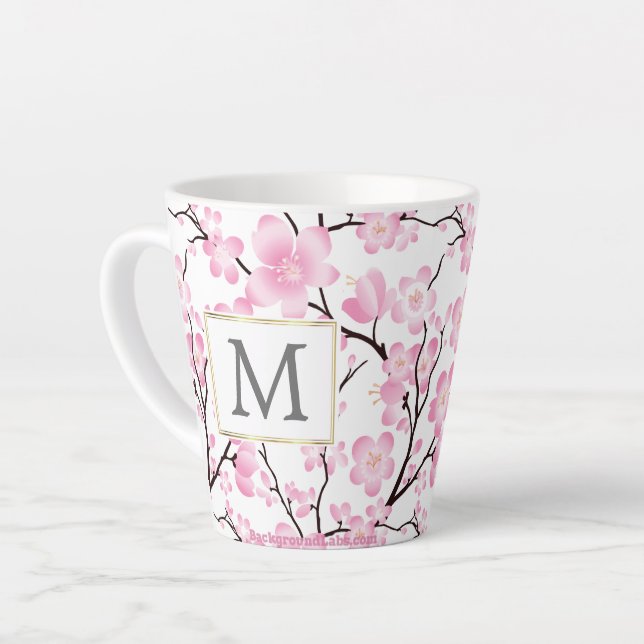 pink white cherry blossom initial customisable mug (Left Angle)