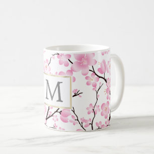 pink white cherry blossom initial customisable mug