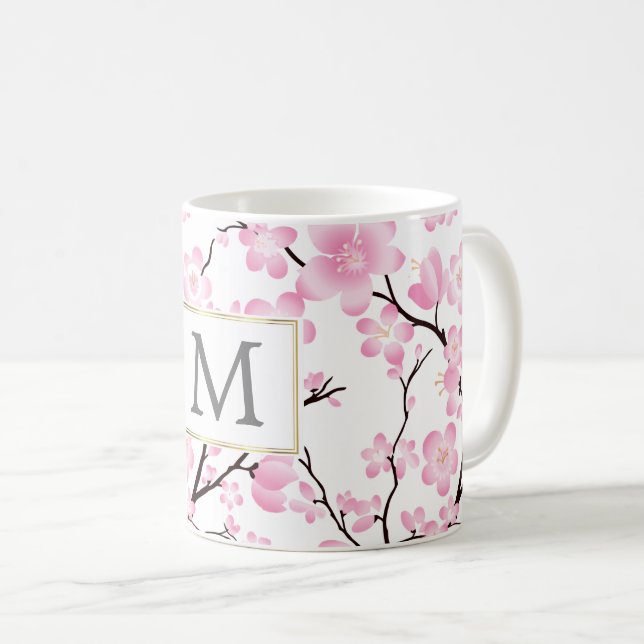 pink white cherry blossom initial customisable mug (Front Right)