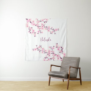 Pink White Cherry Blossom Monogram Tapestry