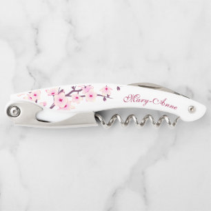 Pink White Cherry Blossoms Monogram Waiter's Corks Corkscrew