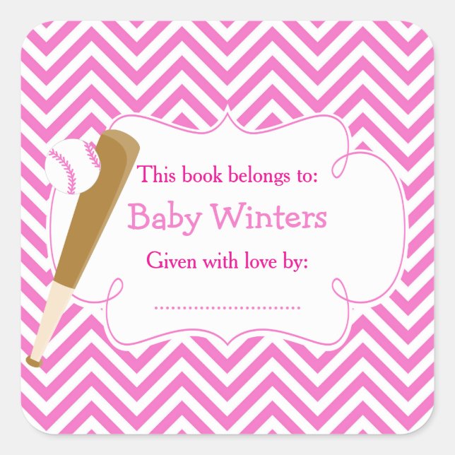 Pink/White Chevron Baseball Baby Shower Bookplate Square Sticker (Front)