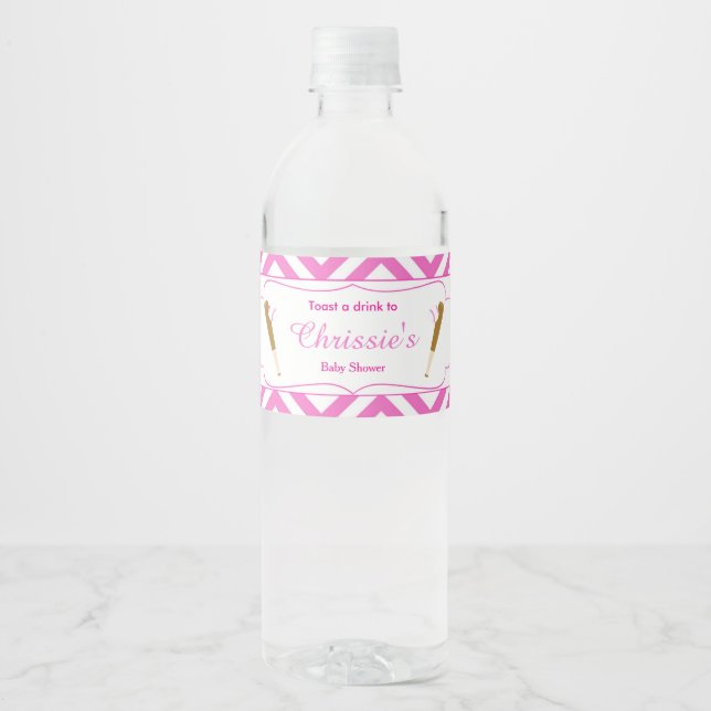 Pink & White Chevron Baseball Baby Water Bottle Label (Front)