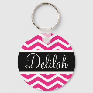 Pink White Chevron Black Name Key Ring