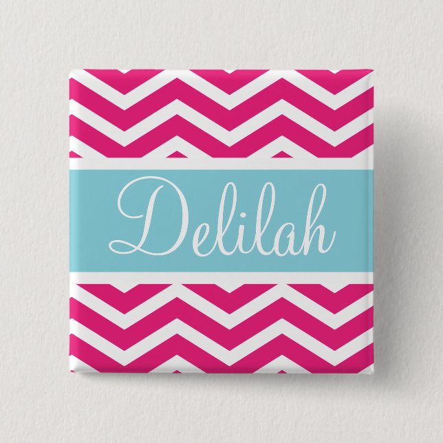 Pink White Chevron Blue Custom Name 15 Cm Square Badge (Front)