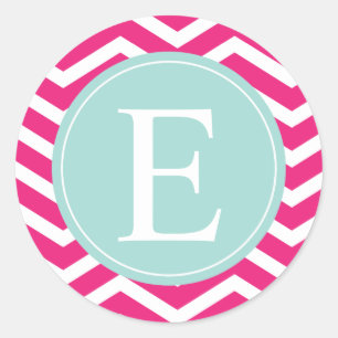 Pink White Chevron Mint Teal Monogram Classic Round Sticker