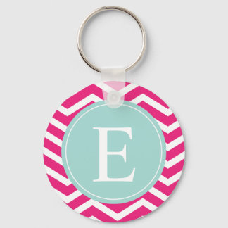 Pink White Chevron Mint Teal Monogram Key Ring