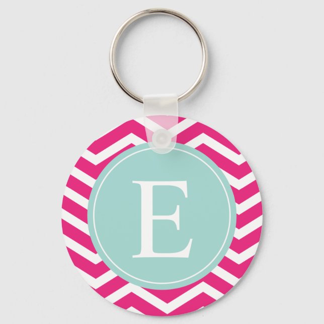 Pink White Chevron Mint Teal Monogram Key Ring (Front)