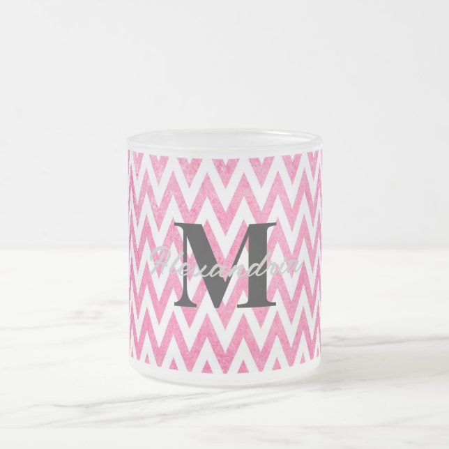 Pink White Chevron Monogram Frosted Glass Coffee Mug (Center)