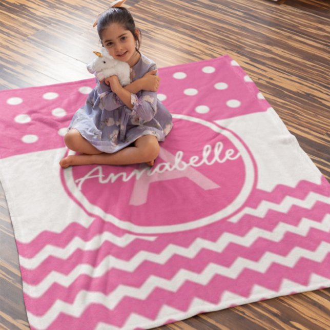 Pink White Chevron Monogram Personalized Fleece Blanket (Creator Uploaded)