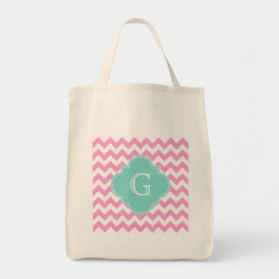 Pink White Chevron Zigzag Aqua Quatrefoil Monogram Tote Bag