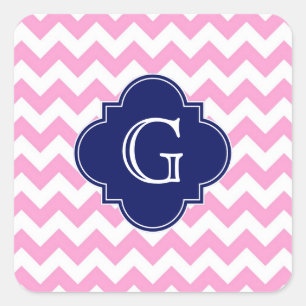 Pink White Chevron Zigzag Navy Quatrefoil Monogram Square Sticker