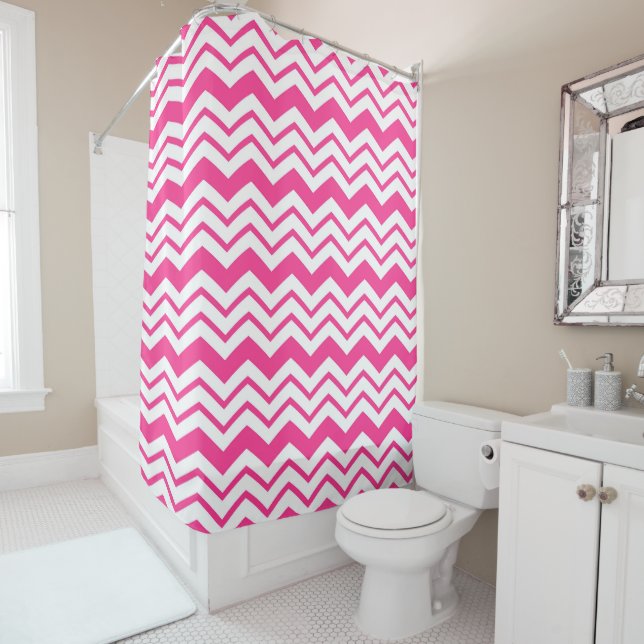 Pink White Chevron Zigzag Pattern Design  Shower Curtain (In Situ)