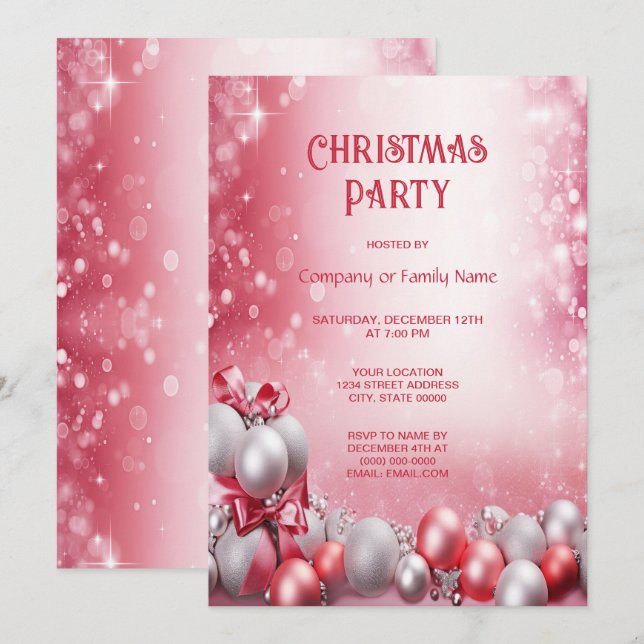 Pink White Christmas Balls Christmas Party Invitation (Front/Back)