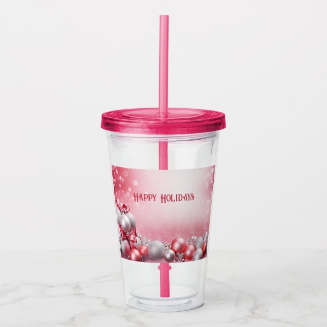 Pink White Christmas Balls Holiday Acrylic Tumbler (Front)