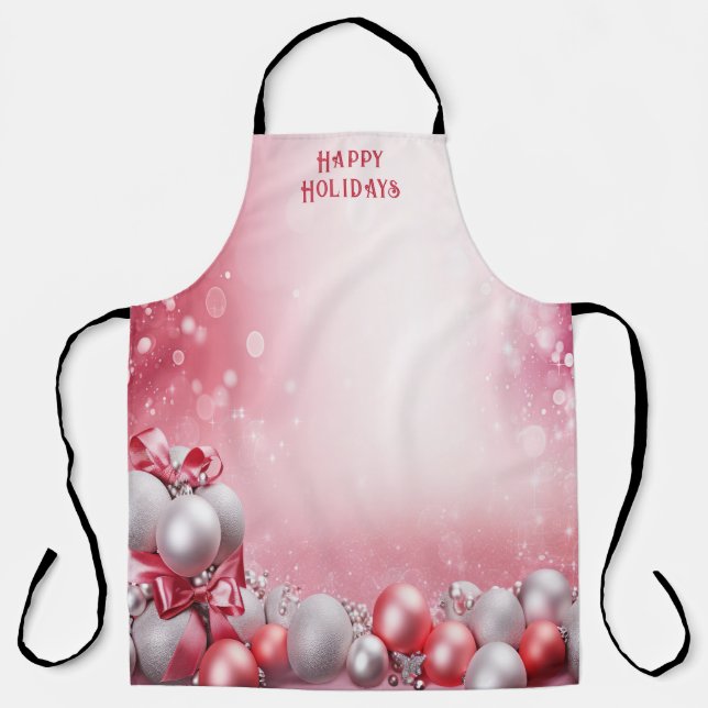 Pink White Christmas Balls Holiday Apron (Front)