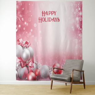 Pink White Christmas Balls Holiday Backdrop Tapestry