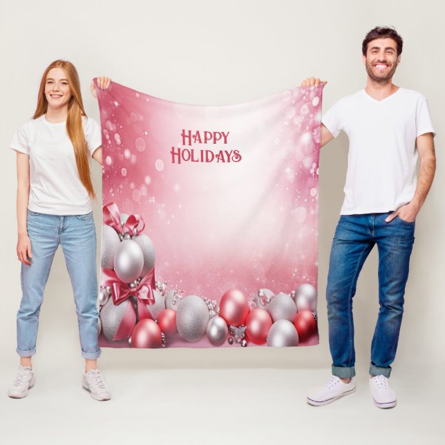 Pink White Christmas Balls Holiday Fleece Blanket (In Situ)