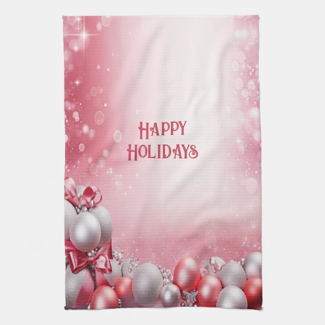 Pink White Christmas Balls Holiday Kitchen Towel (Vertical)