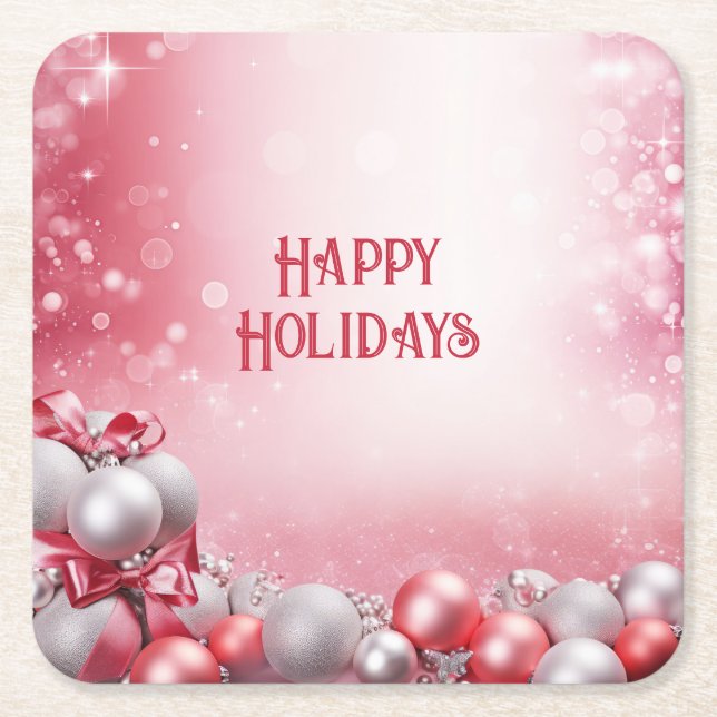 Pink White Christmas Balls Holiday Paper Coaster (Front)