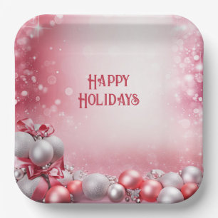 Pink White Christmas Balls Holiday Paper Plate