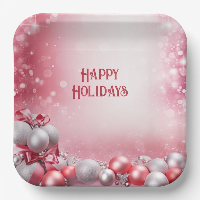 Pink White Christmas Balls Holiday Paper Plate (Front)