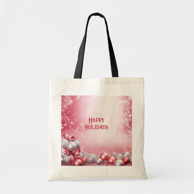 Pink White Christmas Balls Holiday Tote Bag (Front)