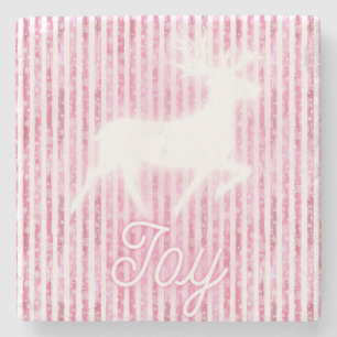 Pink & White Christmas Joy Reindeer Stone Coaster