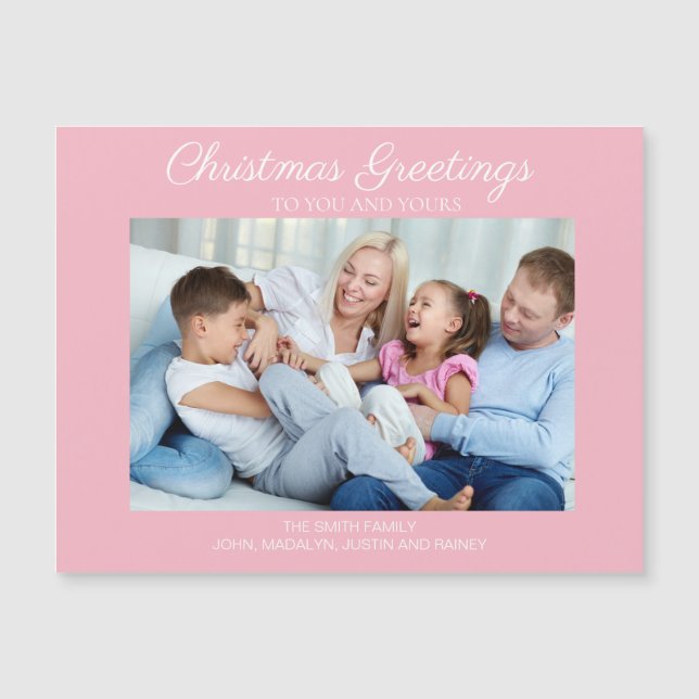 Pink White Christmas Photo Greetings Magnetic Card (Front)