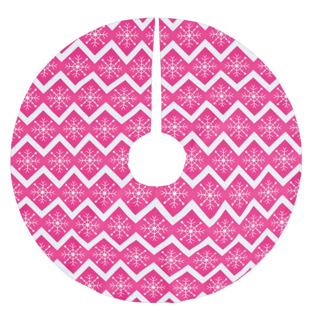 Pink & White Christmas Snowflakes Chevron Pattern Brushed Polyester Tree Skirt (Front)