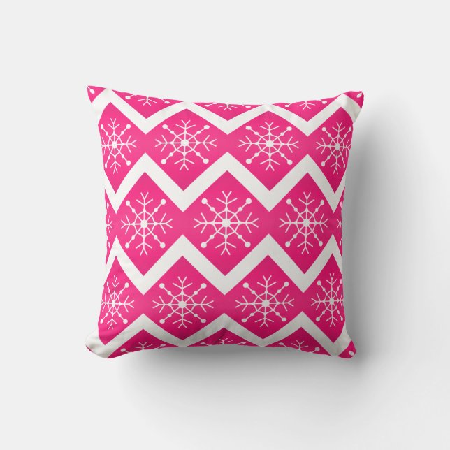 Pink  & White Christmas Snowflakes Chevron Pattern Cushion (Front)