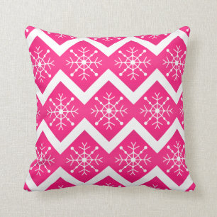 Pink  & White Christmas Snowflakes Chevron Pattern Cushion