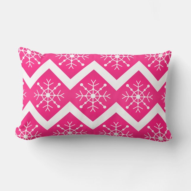 Pink  & White Christmas Snowflakes Chevron Pattern Lumbar Cushion (Front)
