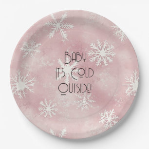 Pink White Christmas Snowflakes Stripes  Paper Plate