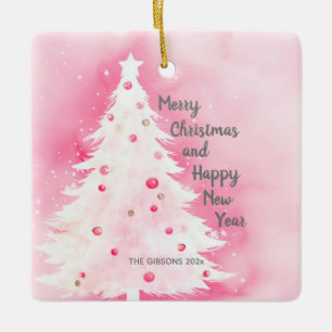Pink White Christmas Tree Ceramic Ornament