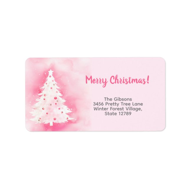 Pink White Christmas Tree Return Address Label (Front)