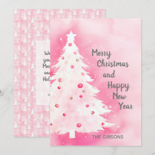 Pink White Christmas Tree Watercolor Card