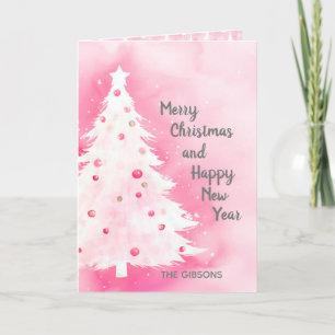 Pink White Christmas Tree Watercolor Card